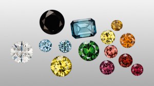 Irradiated Gemstones - Colorless and other diamonds (left) can be artificially irradiated causing a variety of colors. Some of the irradiated colors are then heated as a second step, resulting in additional colors (group right).